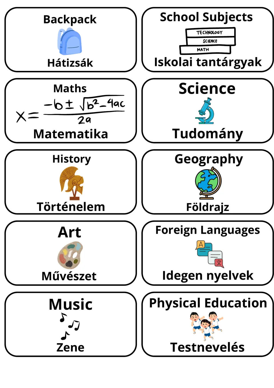 School subjects in English and Hungarian: picture cards for Backpack, Maths/Matematika, History, Art, Music and more