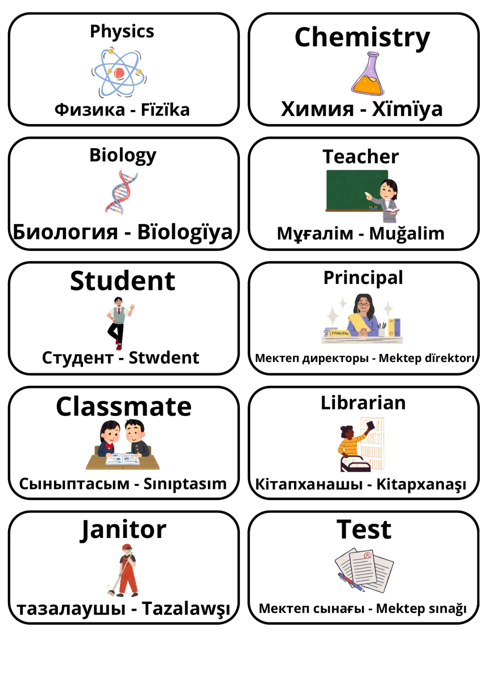 School people and sciences in Kazakh: cards for physics, biology, teacher, principal, librarian and test, with drawings