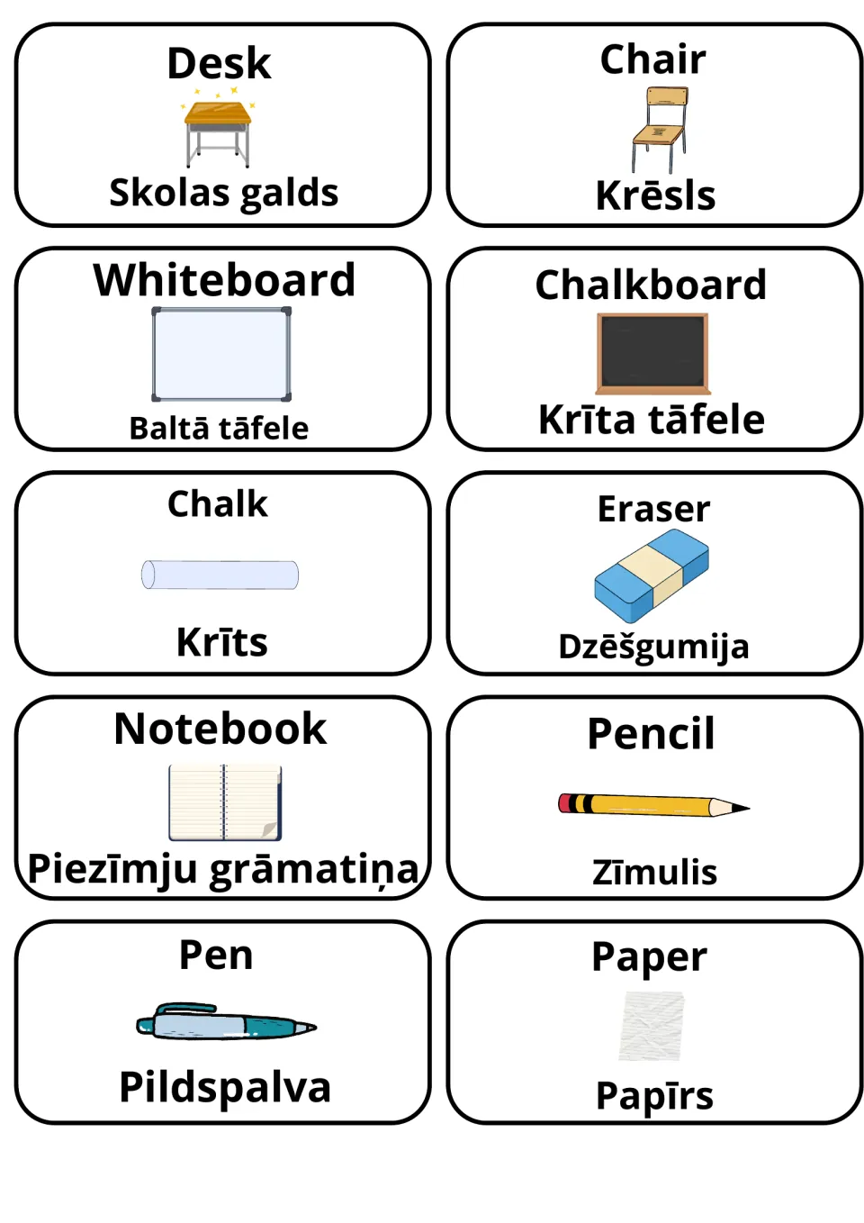 Classroom objects in English and Latvian: 10 picture cards such as Desk/Skolas galds, Chalk/Krīts and Pencil/Zīmulis