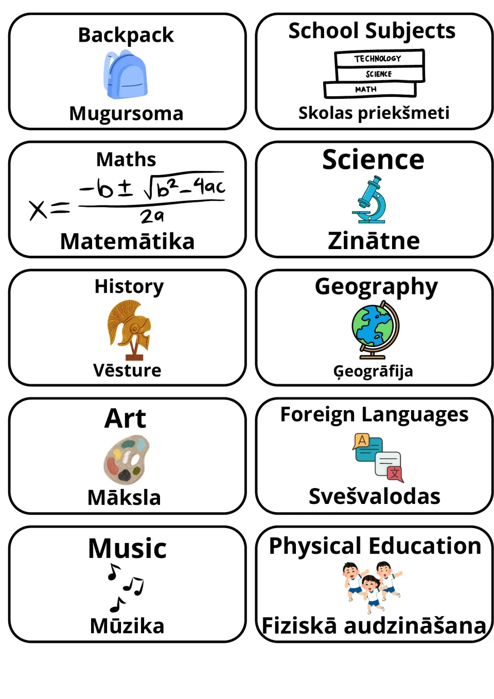 School subjects in English and Latvian: picture cards for Backpack, Maths/Matemātika, History/Vēsture and Music/Mūzika