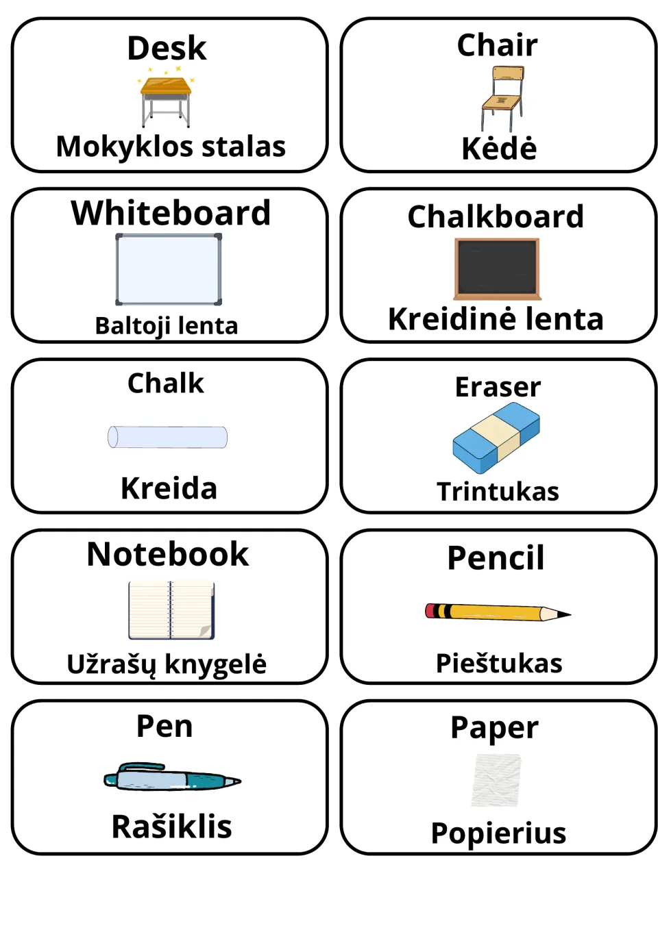 Classroom objects in English and Lithuanian: 10 picture cards, e.g. Desk/Mokyklos stalas, Chalk/Kreida, Pen/Rašiklis