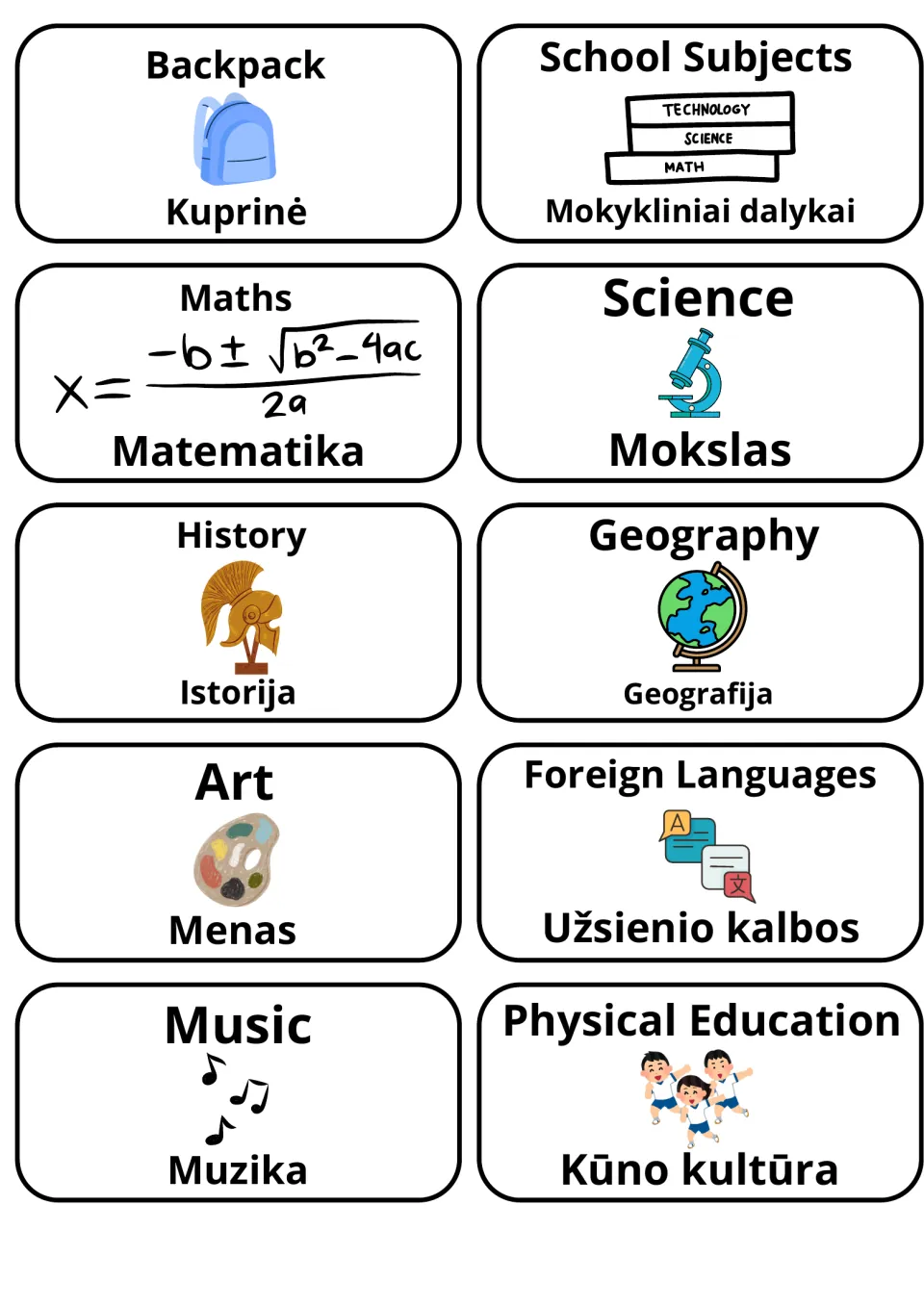 School subjects in English and Lithuanian: picture cards for Maths/Matematika, Science, History, Art, Music and more