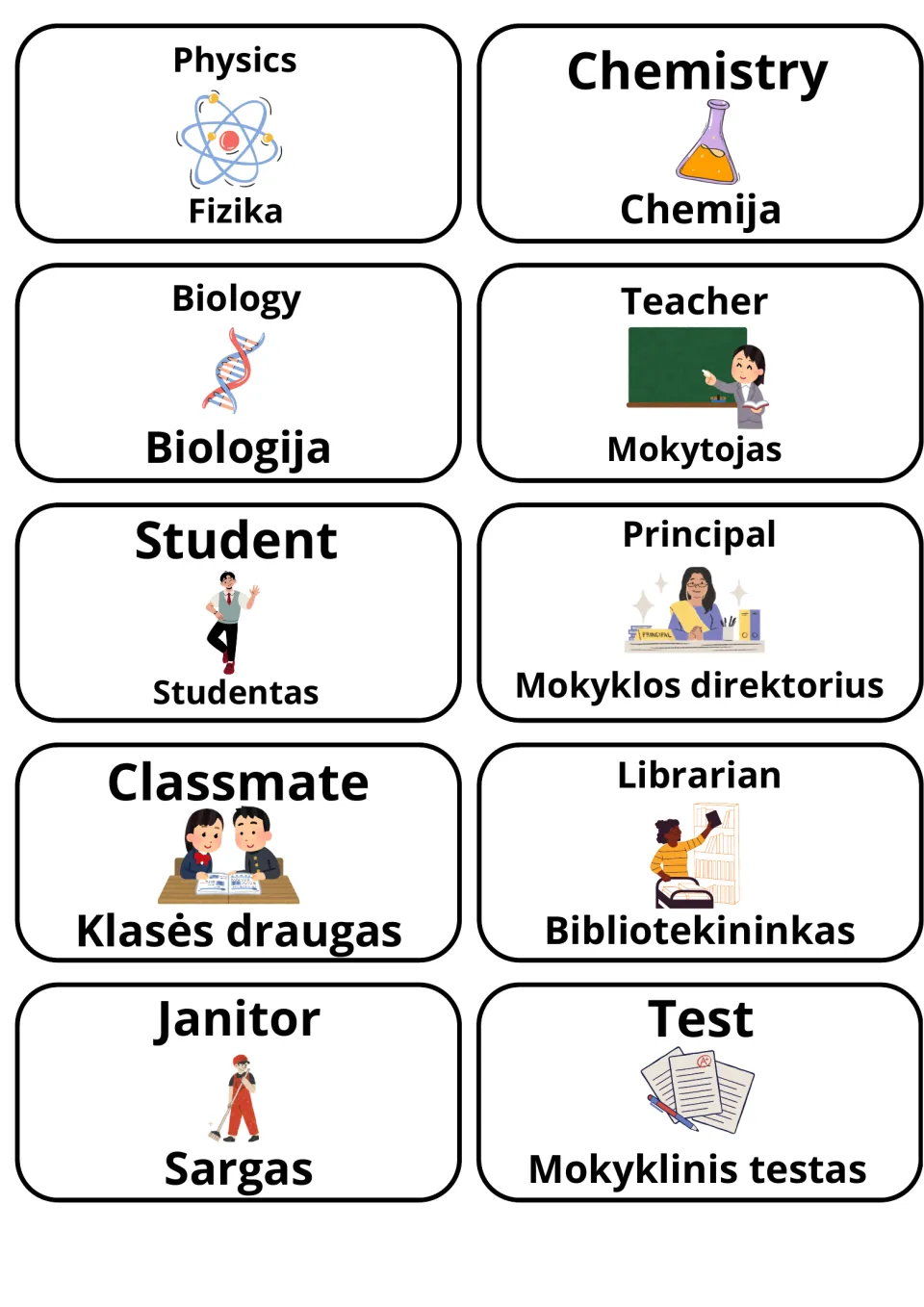 Sciences and school people in English and Lithuanian: cards for Physics/Fizika, Biology, Teacher/Mokytojas and Janitor