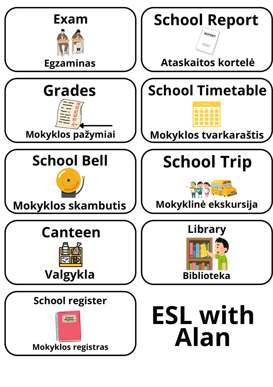 School life words in English and Lithuanian: cards for Exam/Egzaminas, Grades, School Timetable, School Bell, Canteen