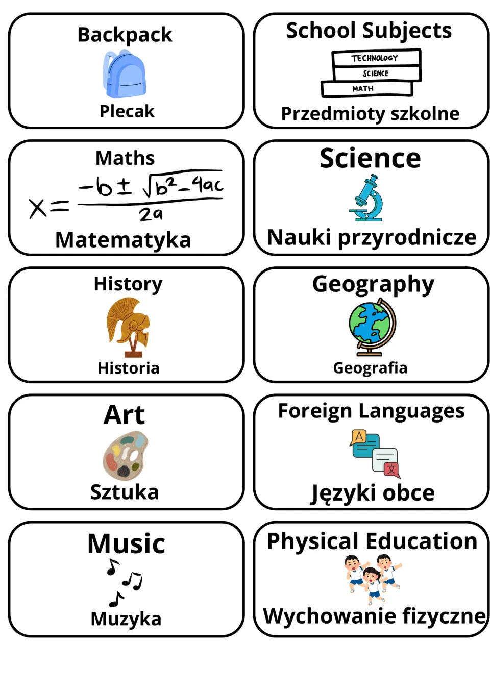 English-Polish school flashcards 11–20: backpack, school subjects, math, science, history and five more.