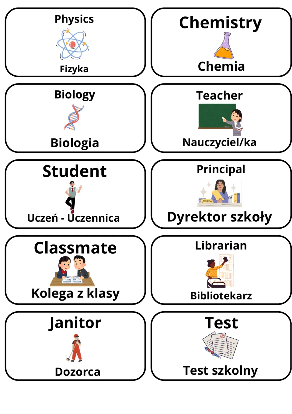 English-Polish school flashcards 21–30: physics, chemistry, biology, teacher, student and five more.