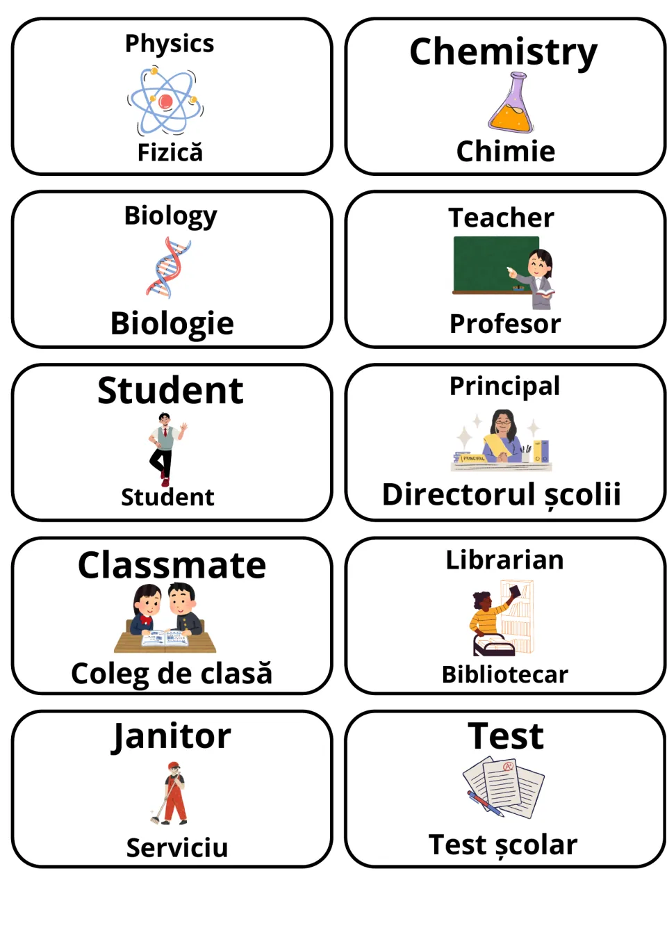 School staff and science words in English and Romanian: picture cards like Teacher/Profesor, Librarian/Bibliotecar