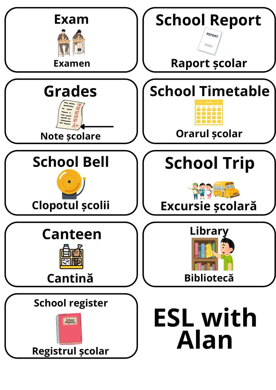 School life words in English and Romanian: 9 picture cards like School Bell/Clopotul școlii, Library/Bibliotecă