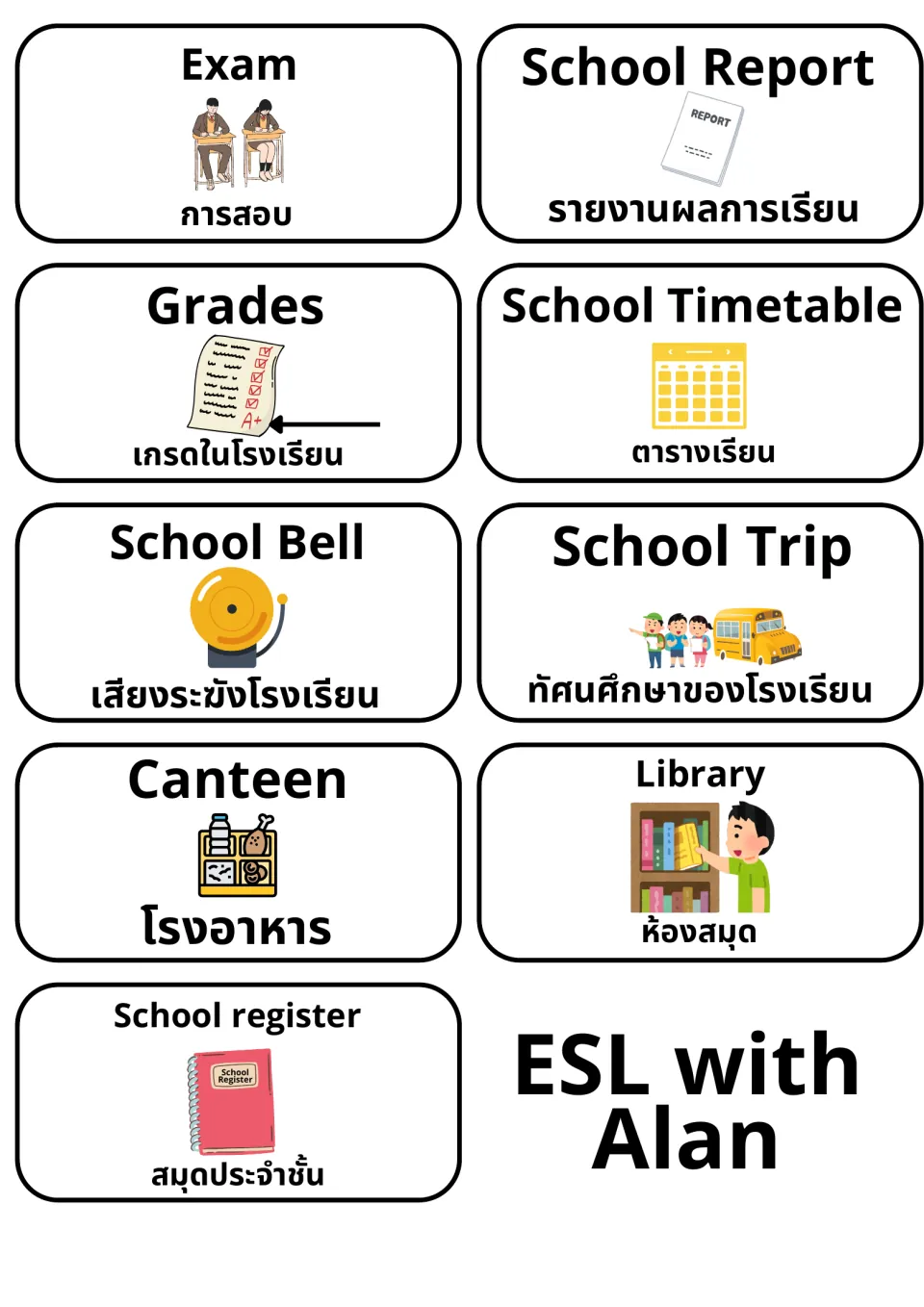 School life words in English and Thai: cards for exam, report, grades, timetable, bell, trip, canteen, library and register
