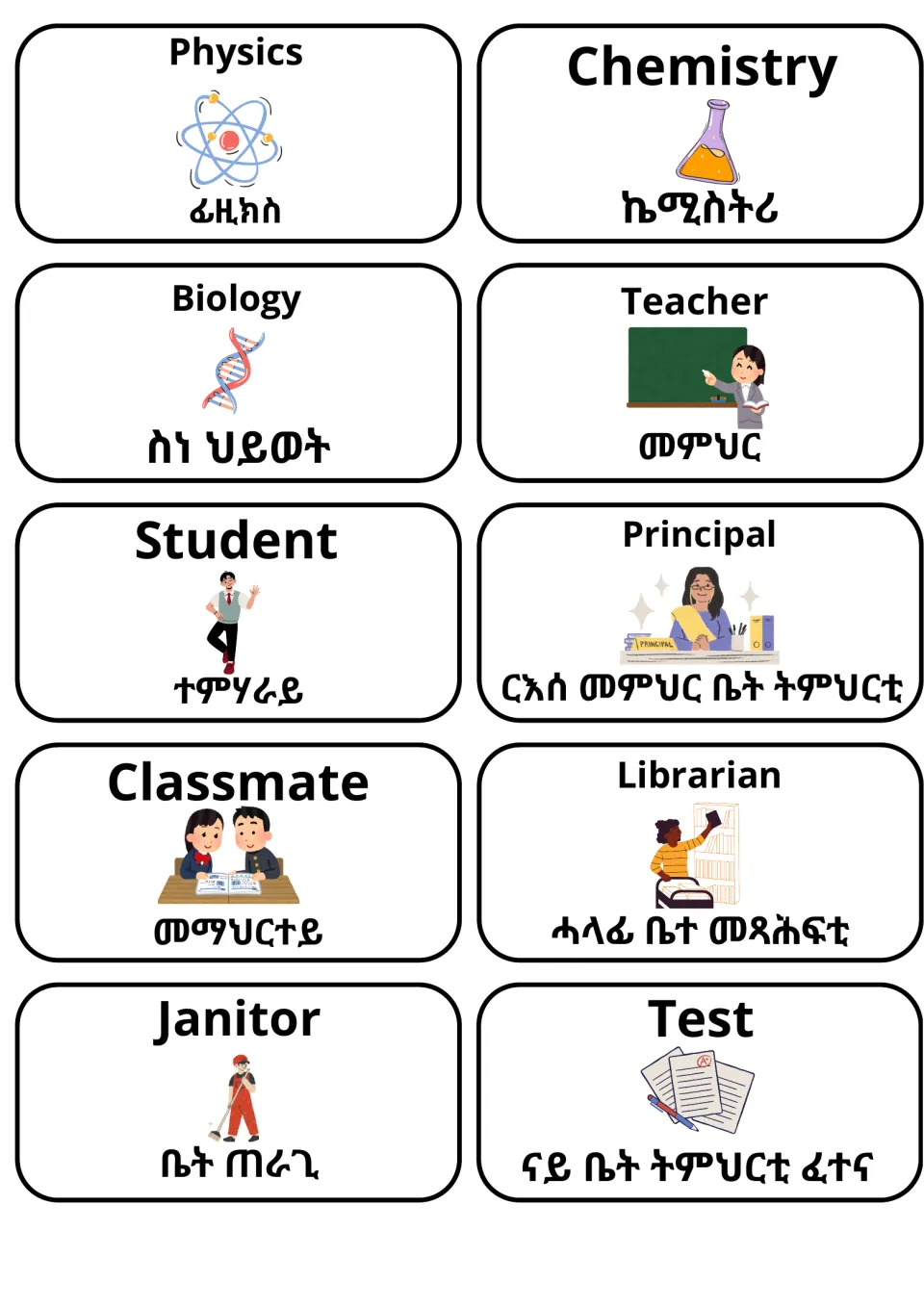 School vocabulary flashcards 21–30 in English and Tigrinya: physics, chemistry, biology, teacher and more.