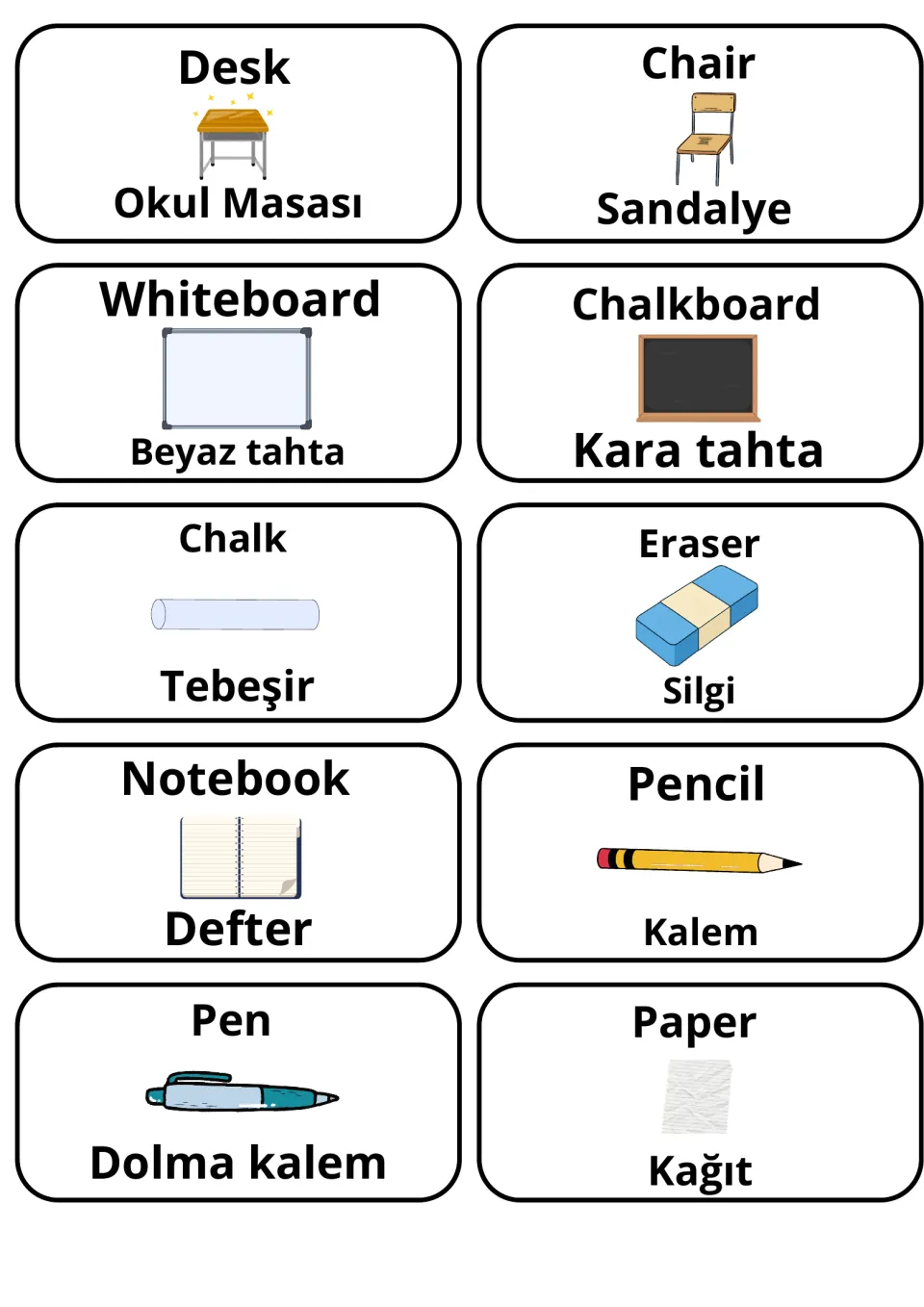 Classroom objects in English and Turkish: 10 picture flashcards such as Desk/Okul Masası, Chalk/Tebeşir and Paper/Kağıt