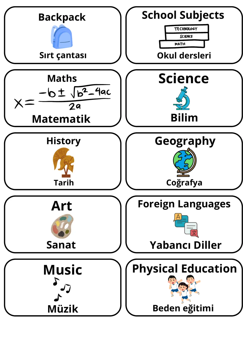 School subjects in English and Turkish: picture flashcards for Backpack, Maths/Matematik, History/Tarih and Music/Müzik