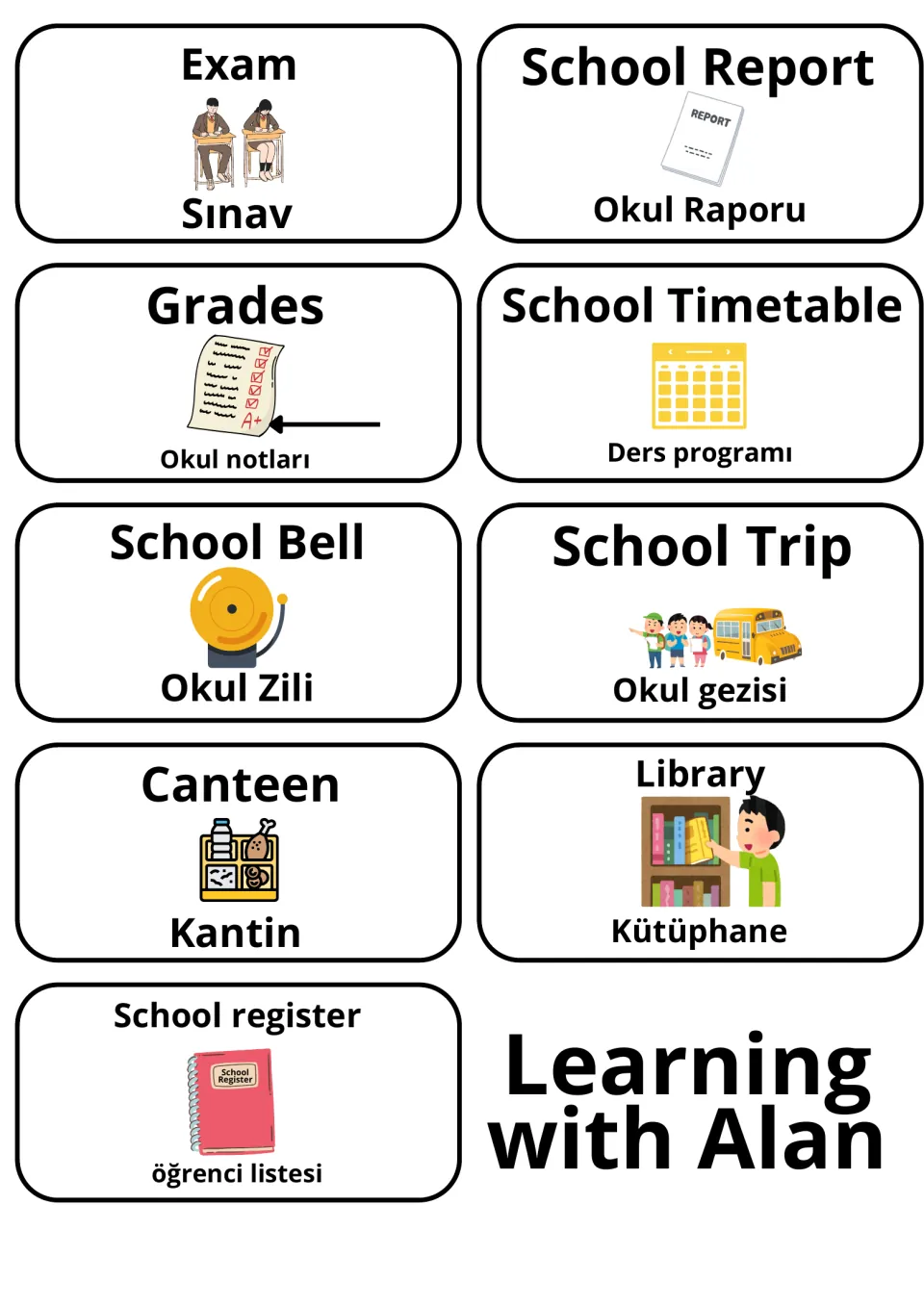 School life words in English and Turkish: flashcards for Exam/Sınav, Grades, School Bell/Okul Zili, Canteen/Kantin, Library