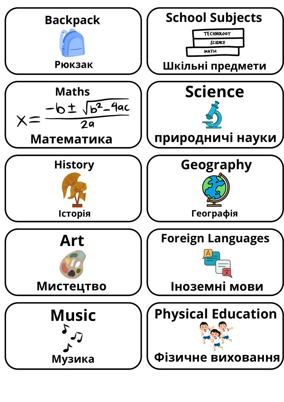 School subjects in English and Ukrainian: picture cards for backpack, maths, science, history, geography, art, music and PE