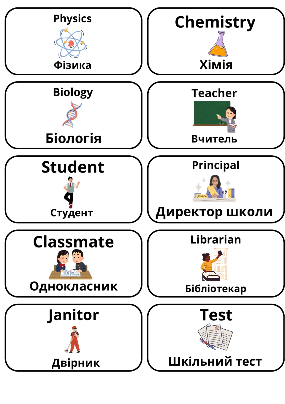 Science and school people in English and Ukrainian: picture cards for physics, biology, teacher, principal and test