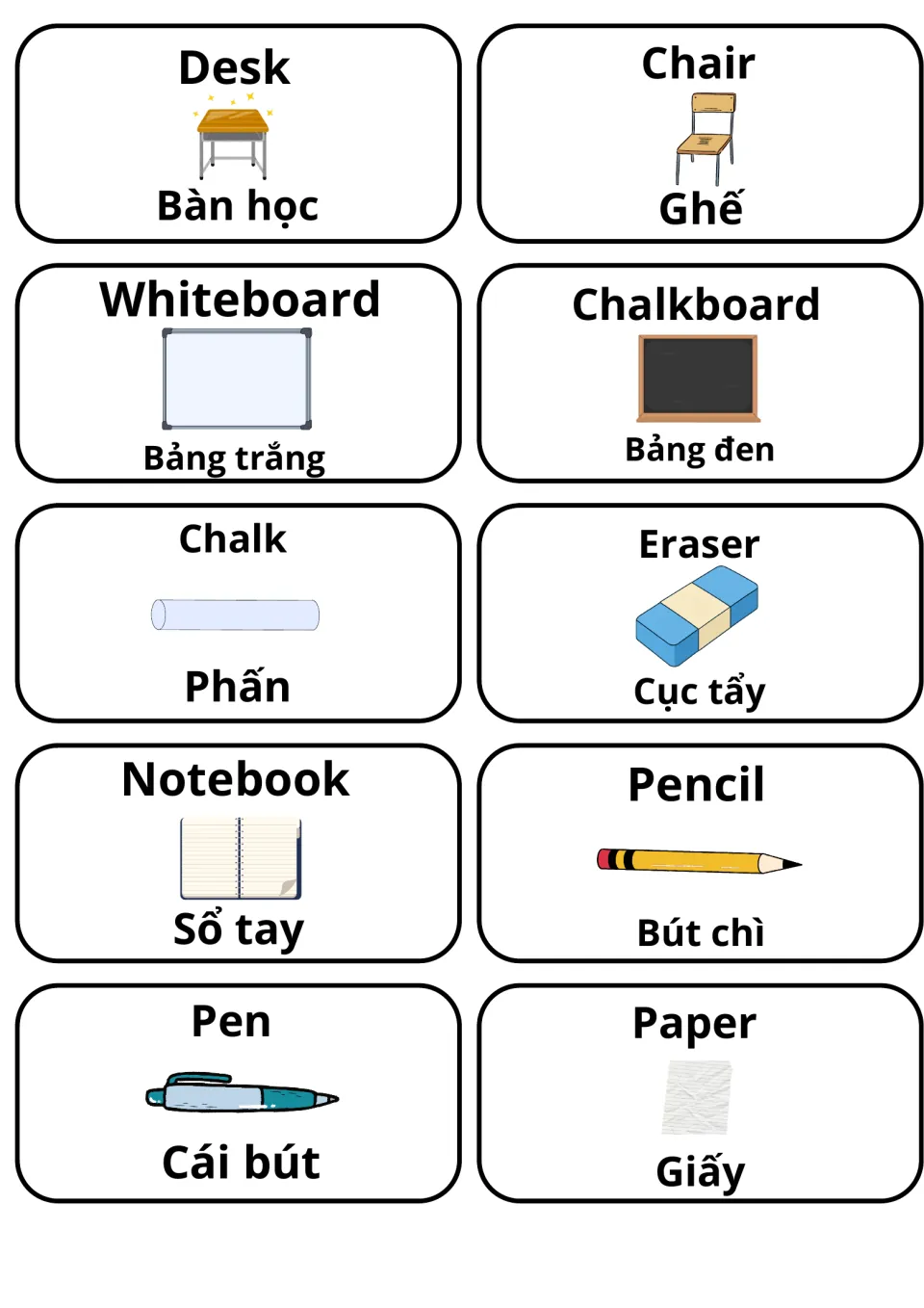 Classroom objects in English and Vietnamese: 10 picture cards from desk, chair and whiteboard to chalk, pencil and paper
