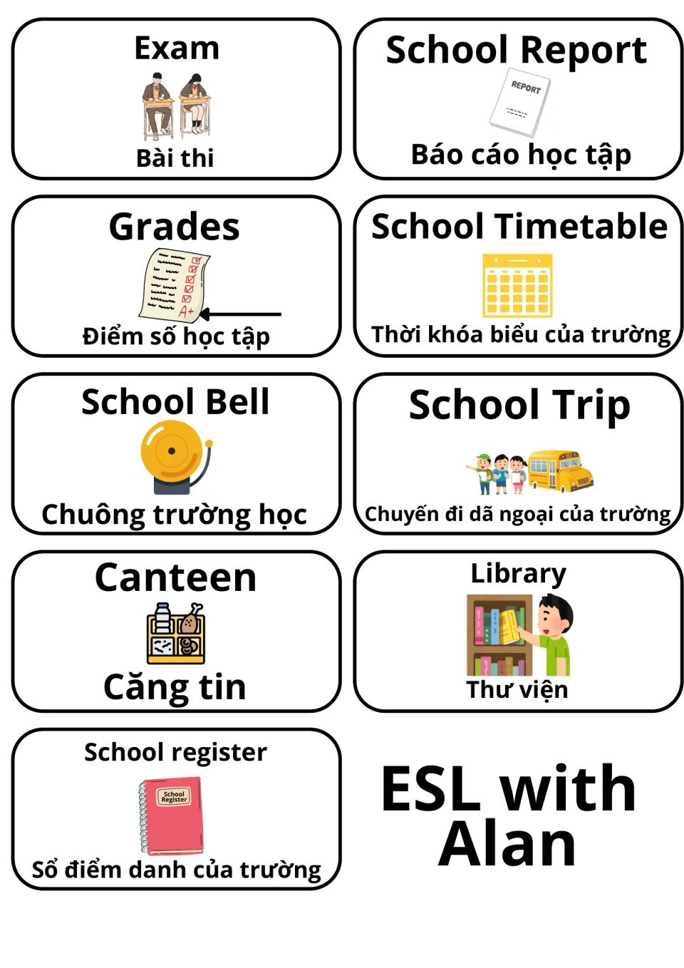 School life vocabulary with Vietnamese: cards for exam, report, grades, timetable, bell, trip, canteen, library, register