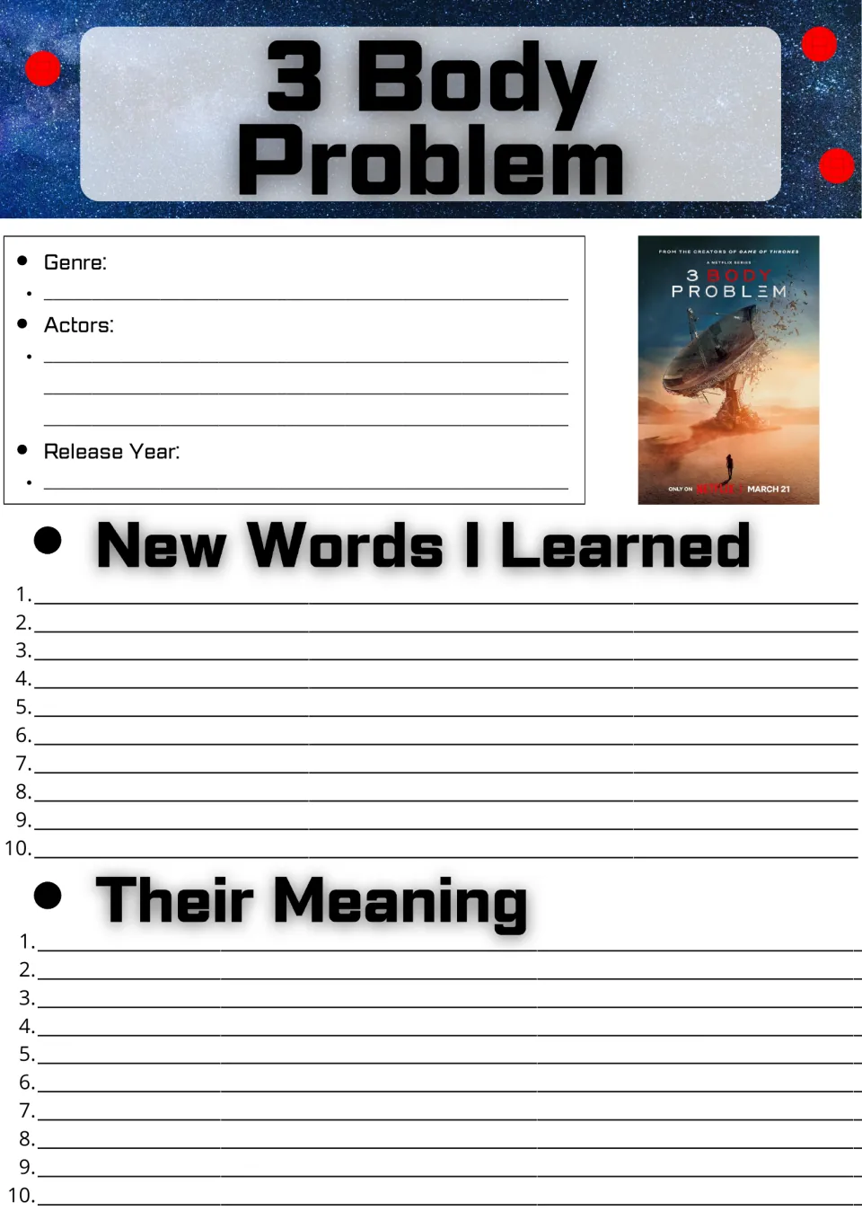 Series information and vocabulary activity: genre, actors, release year, and 10 new words with their meanings