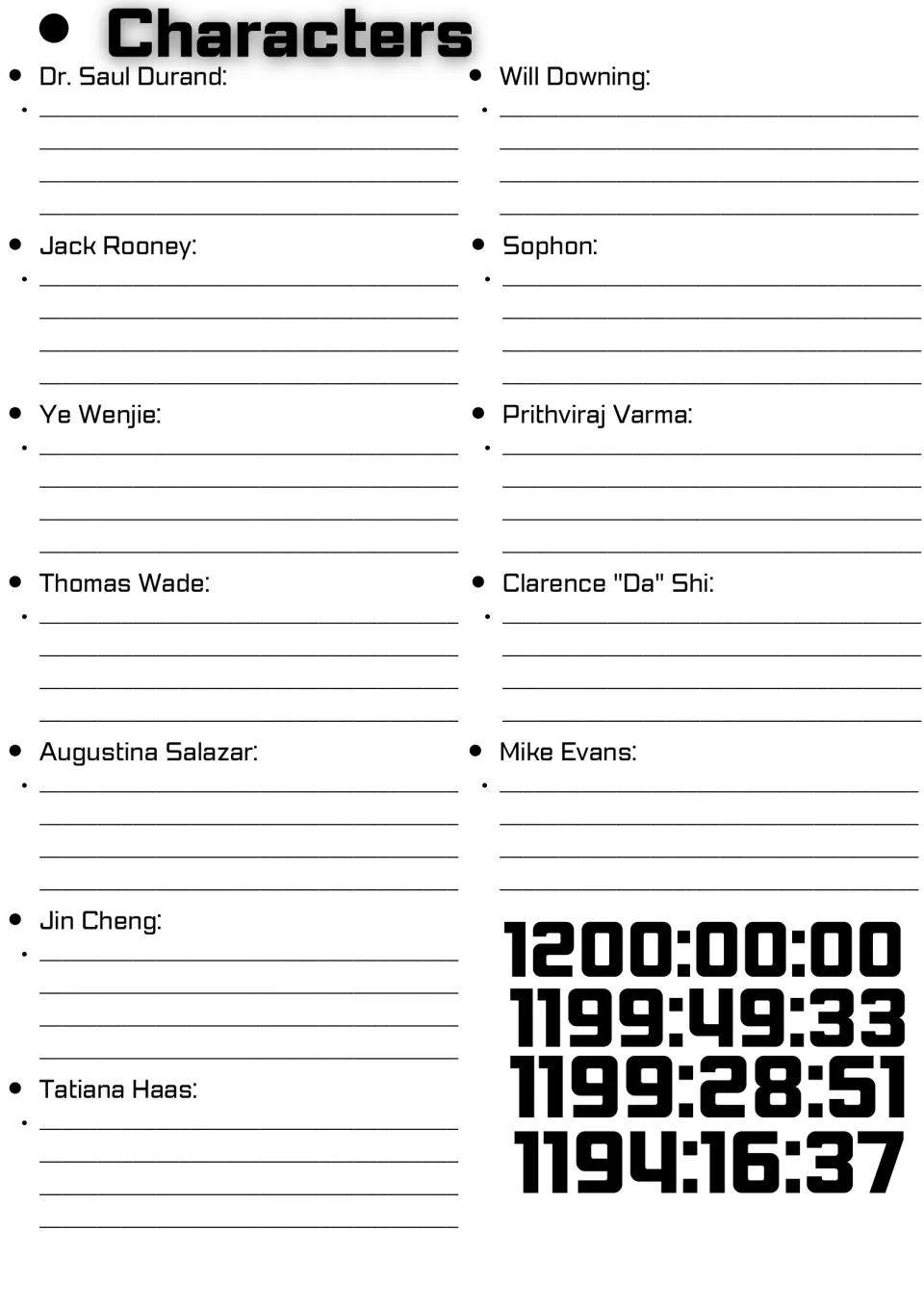 Character notes for 12 series characters, including Dr. Saul Durand, Jack Rooney, Ye Wenjie, and Jin Cheng