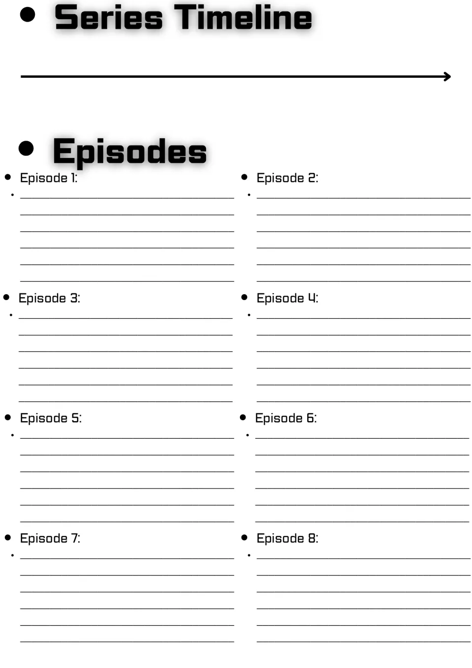 Series timeline and episode summary activity, with separate writing prompts for Episodes 1 through 8