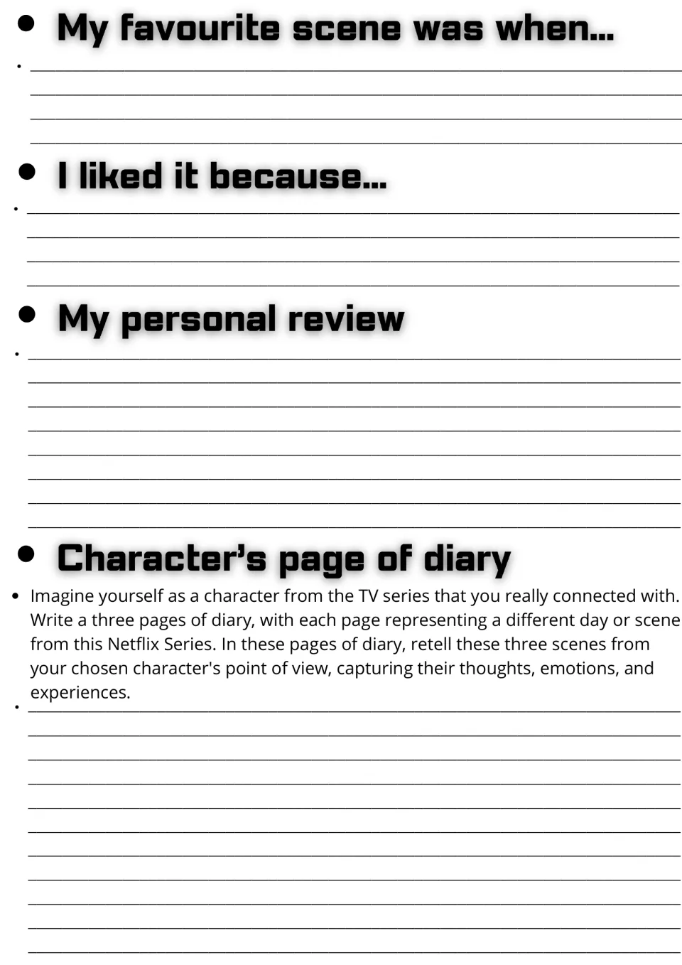 Personal response activity: favorite scene, reasons, a review, and three diary pages from a character's viewpoint
