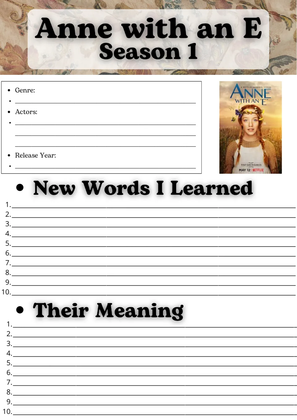 Anne with an E Season 1 show log: students record genre, actors and release year, then 10 new words with meanings