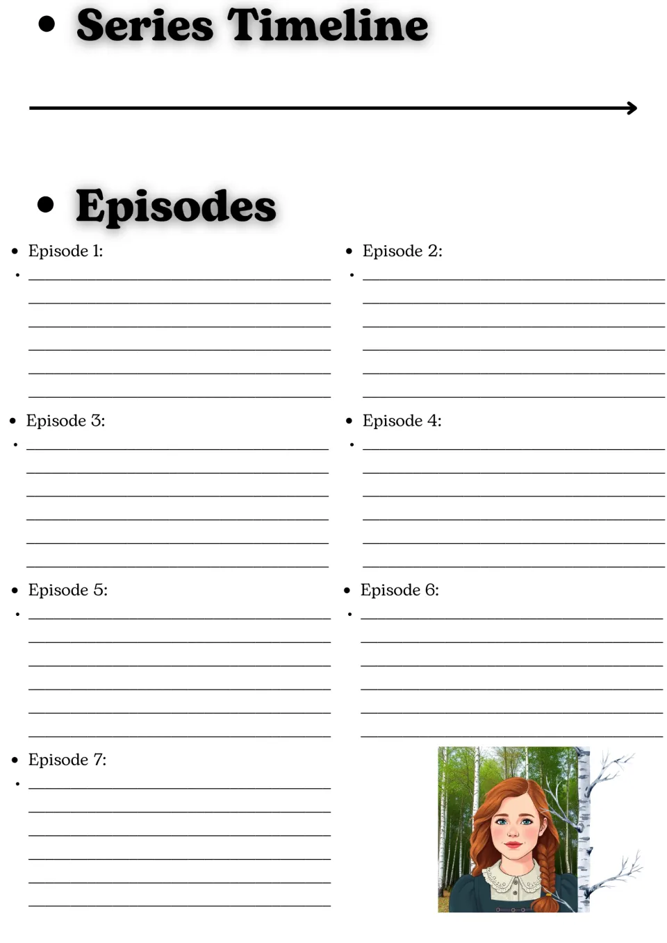 Series timeline and episode summaries: students sequence key events on a timeline and summarize Episodes 1 to 7
