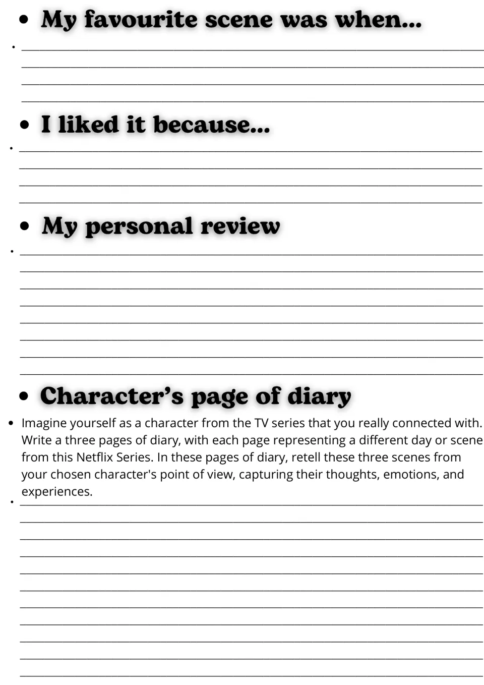 Opinion and diary writing: students explain a favourite scene, write a review, then retell 3 scenes in a character's diary