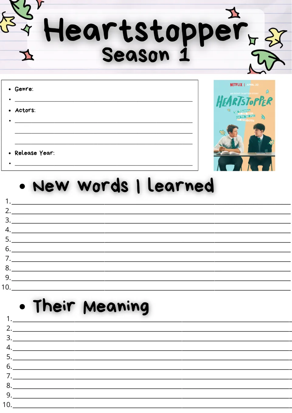 Heartstopper Season 1 intro: students note genre, actors and release year, then list 10 new words and their meanings