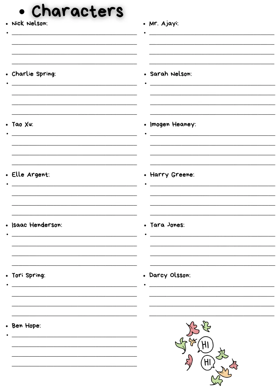 Character notes: students write about 13 named characters, including Nick Nelson, Charlie Spring, Tao Xu and Elle Argent