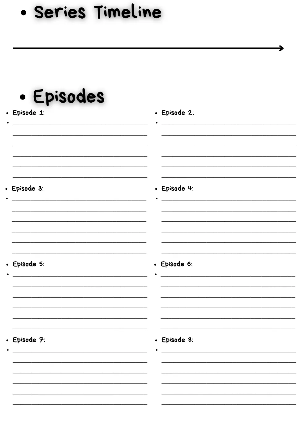 Series timeline and episode summaries: students plot events on an arrow, then summarise each of Episodes 1 through 8