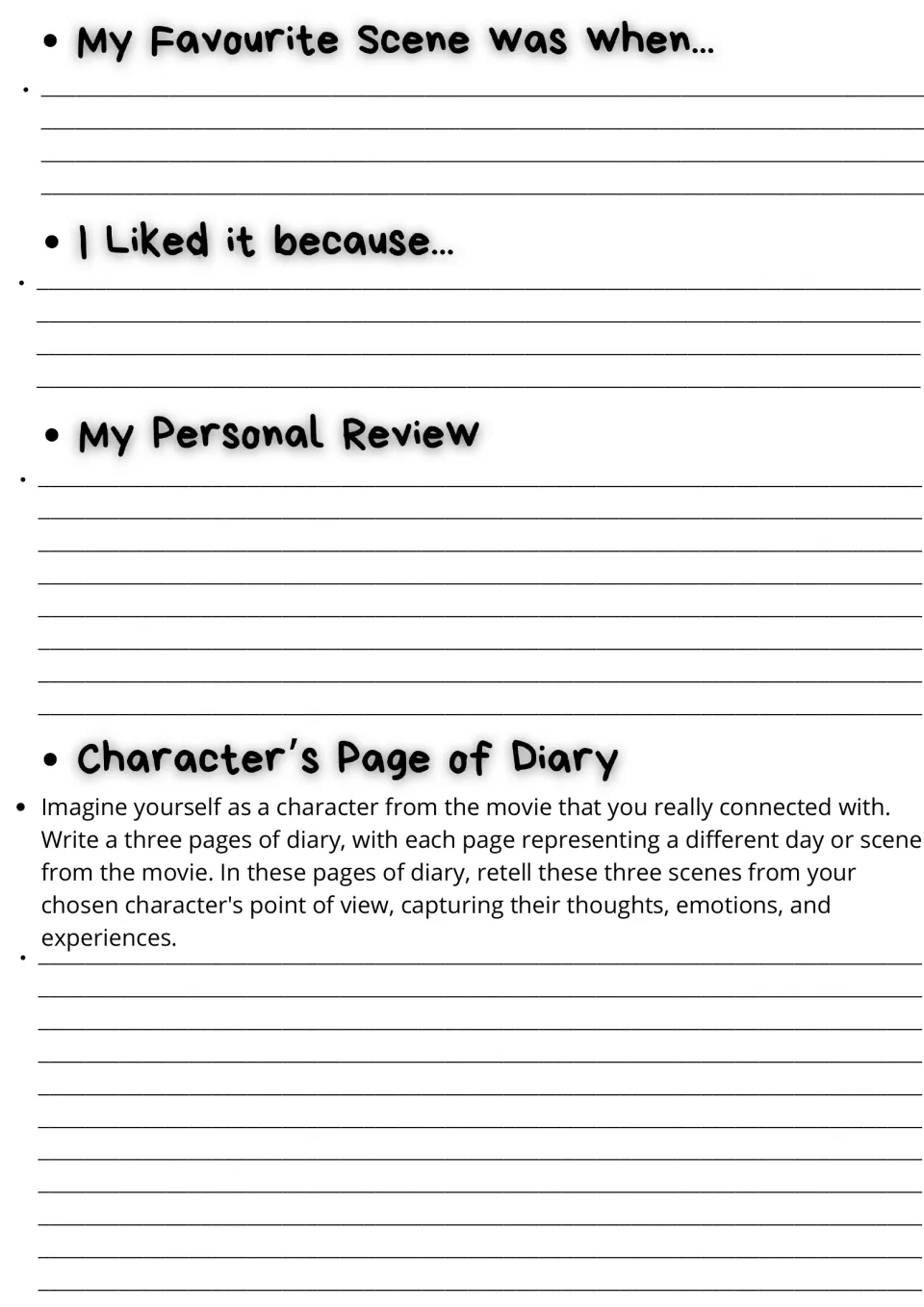 Personal response: students describe a favourite scene, explain why, write a review, then a 3-entry diary as a character