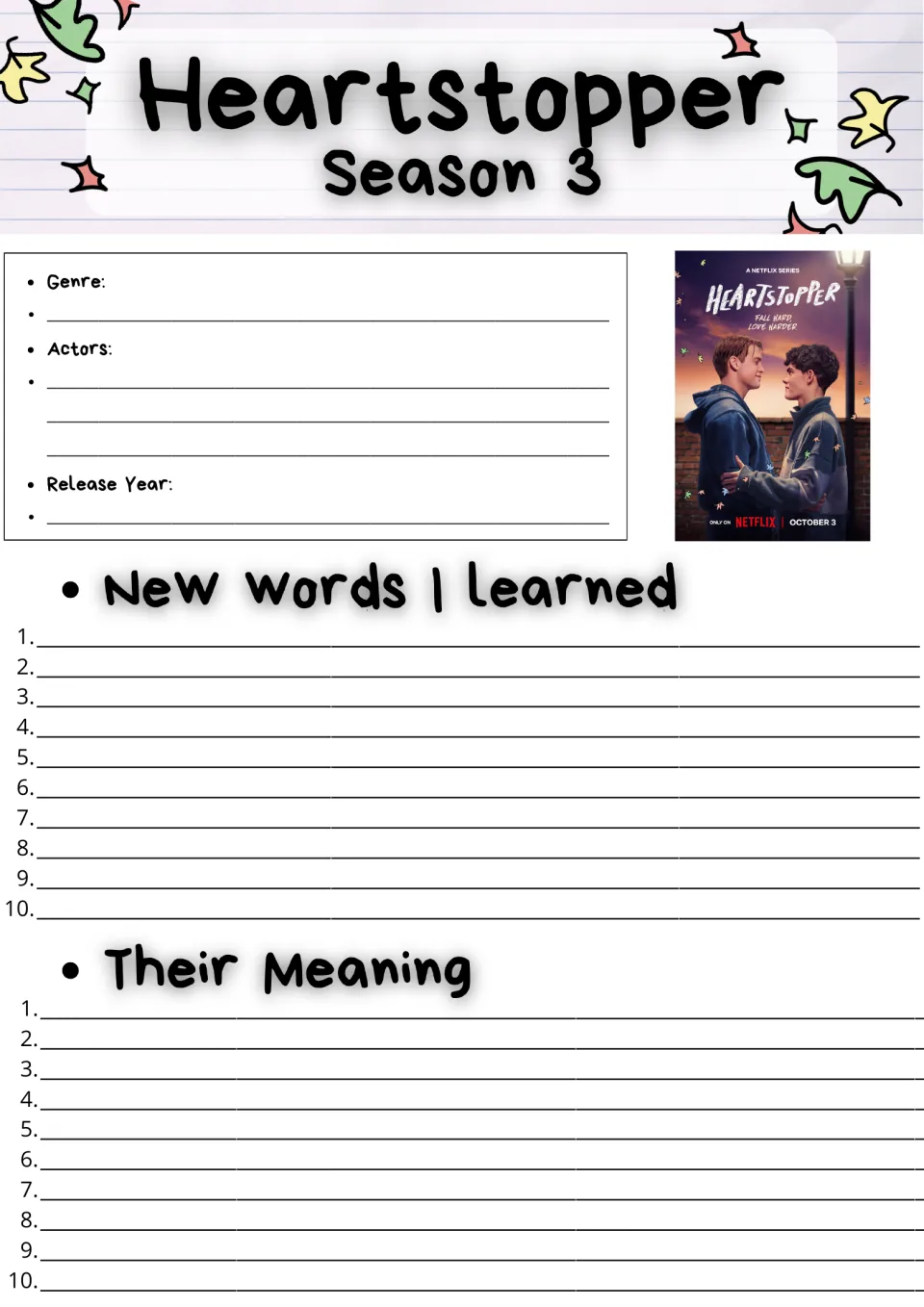 Series information and vocabulary worksheet: genre, actors, release year, and 10 new words and their meanings.