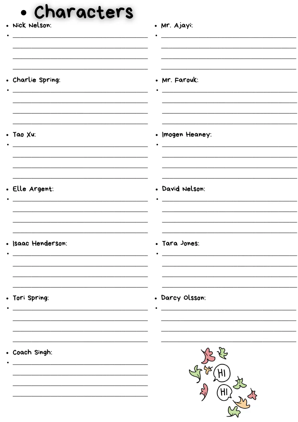 Character notes worksheet for Nick Nelson, Charlie Spring, Tao Xu, Elle Argent, and nine other characters.
