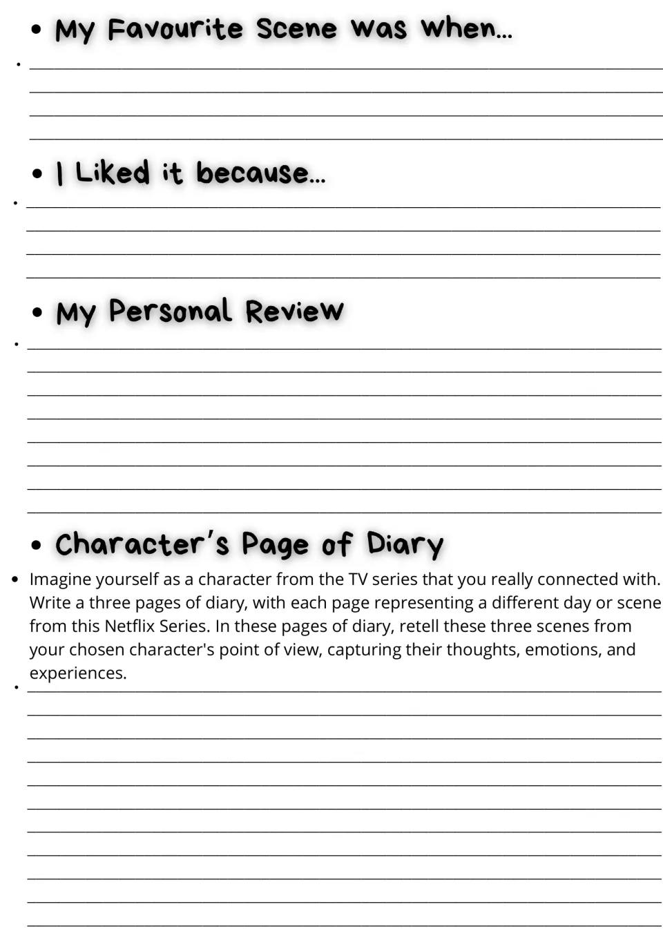 Personal response worksheet: favorite scene, reasons for liking it, review, and a three-page character diary.