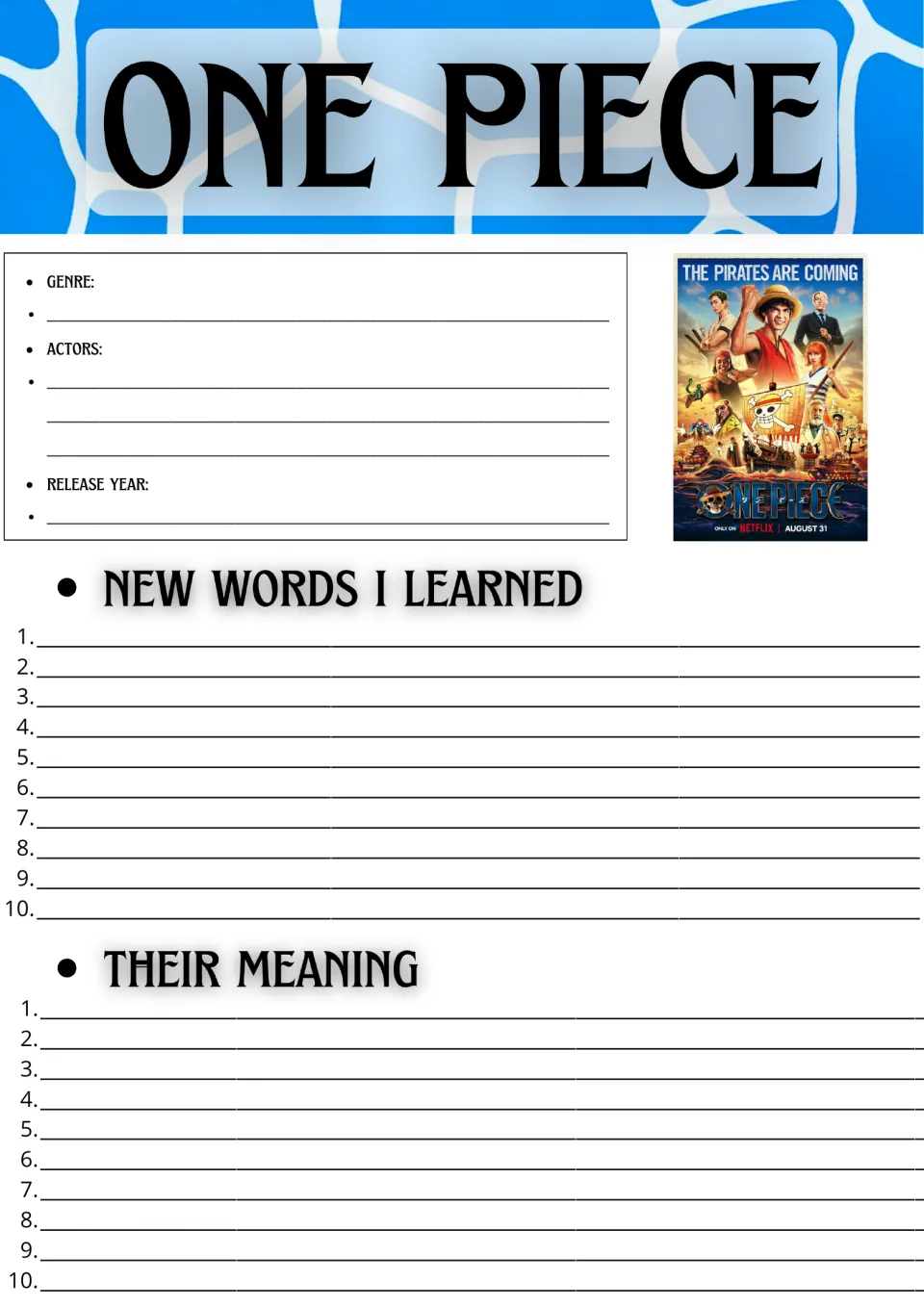 One Piece series facts and vocabulary: students note genre, actors and release year, then list 10 new words and meanings