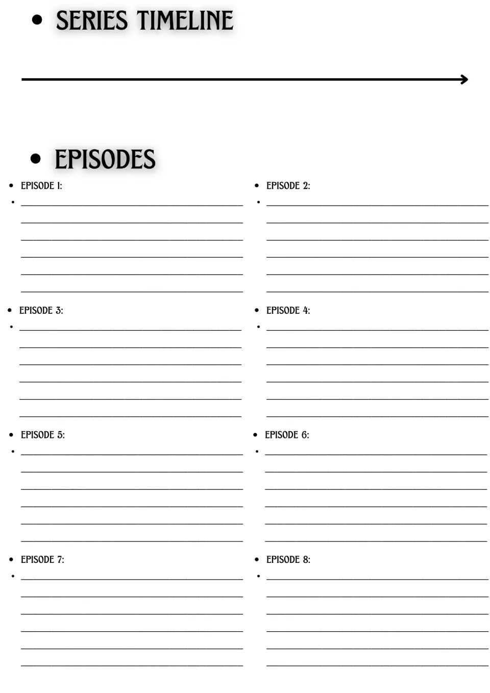 Season 1 plot tracking: students mark events on a series timeline and summarise episodes 1 to 8 in sequence