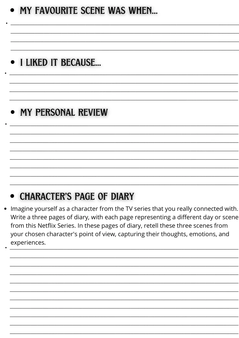 Response writing: students explain a favourite scene, write a review and a diary entry from a character's point of view