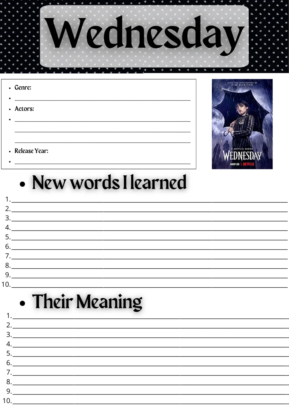 Wednesday series facts and vocabulary: students note genre, actors, release year, then list 10 new words and their meanings