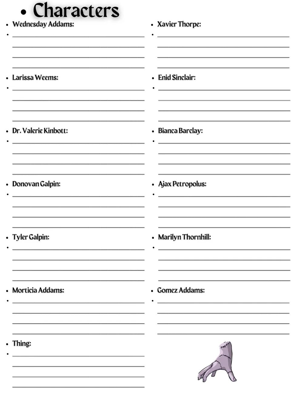 Character notes for Wednesday: students describe 13 characters, including Wednesday Addams, Enid Sinclair, Xavier and Thing