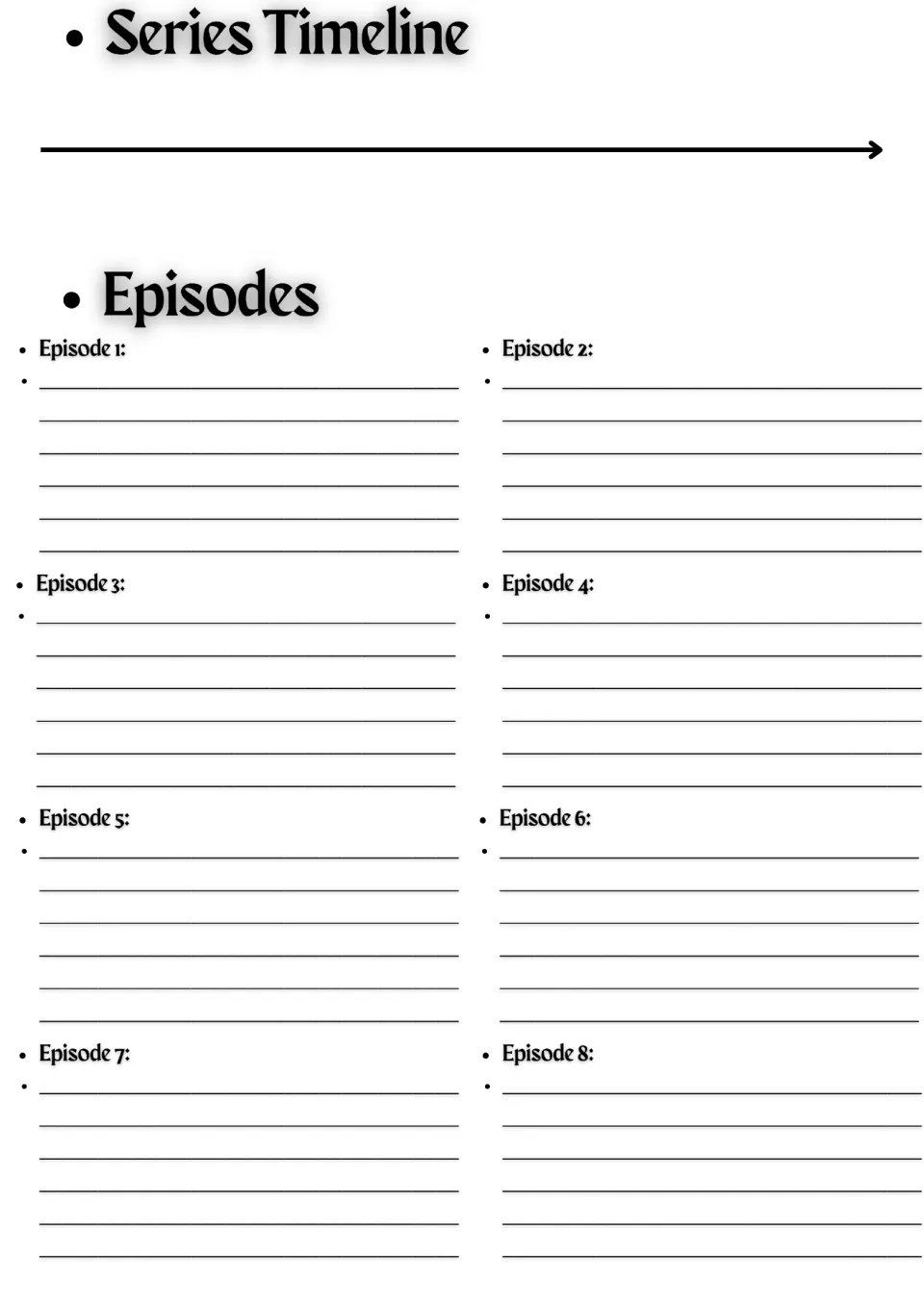 Series timeline and episode summaries: students plot events along a timeline and summarize episodes 1 through 8