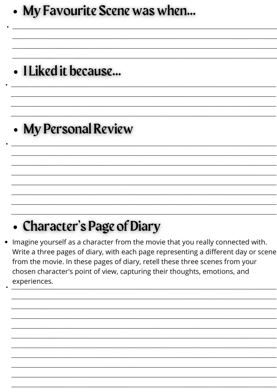 Opinion and diary writing: students describe a favourite scene, give a review and retell three scenes as a character
