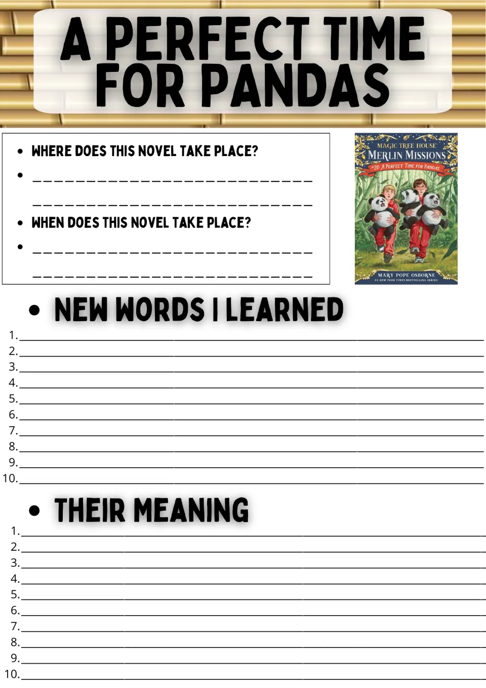 Novel study page 1: where and when the story takes place, plus 10 new words and their meanings
