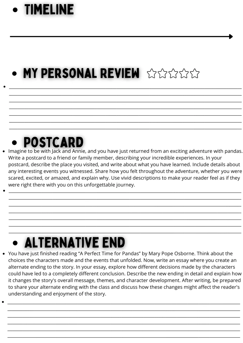 Novel study page 2: a timeline, five-star personal review, adventure postcard, and alternate ending