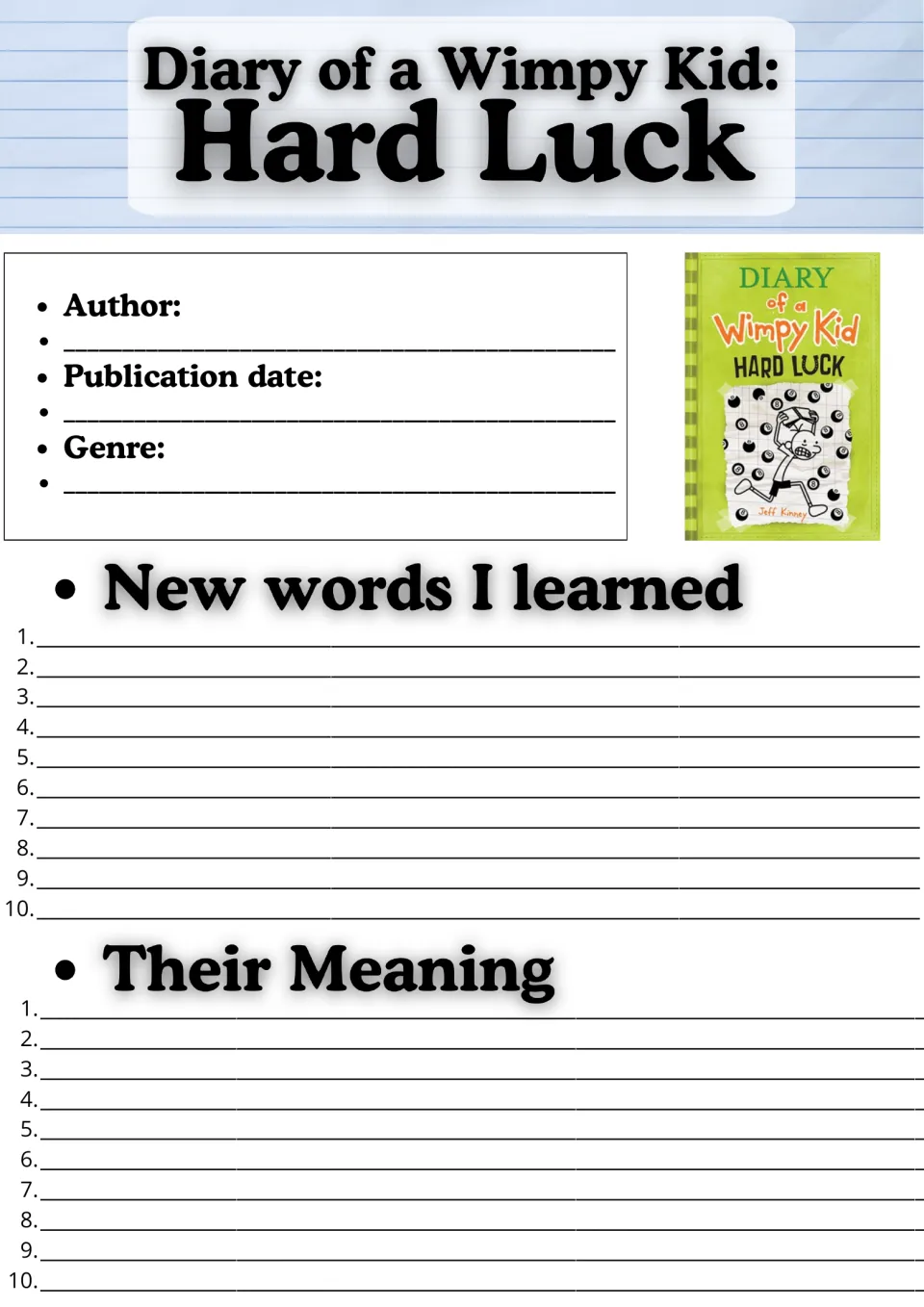 Novel study opening page: author, publication date, genre, and spaces for 10 new words and their meanings.