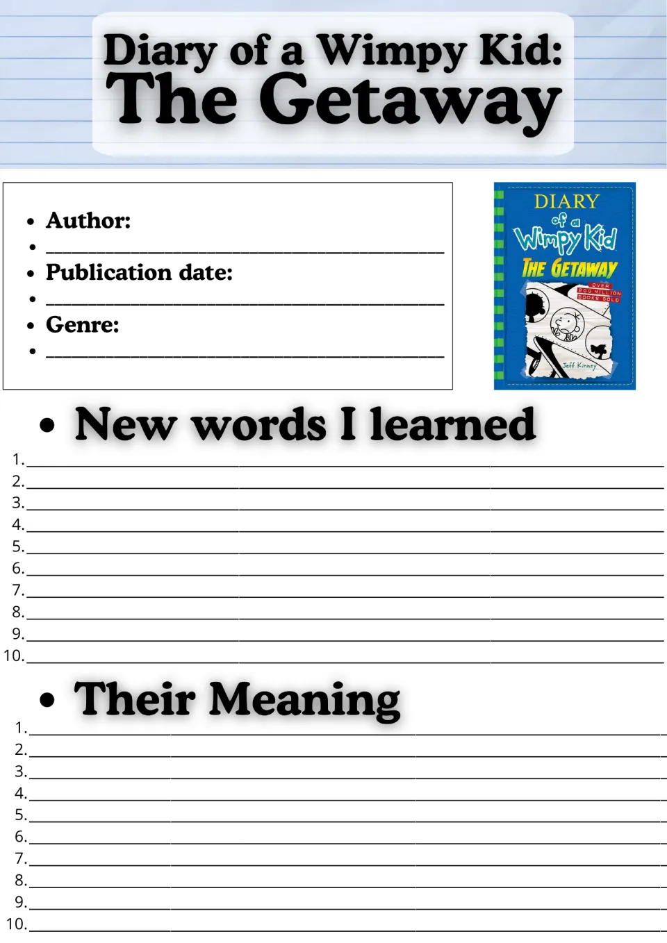 Diary of a Wimpy Kid: The Getaway cover with author, date and genre fields and a 10-word vocabulary list with meanings