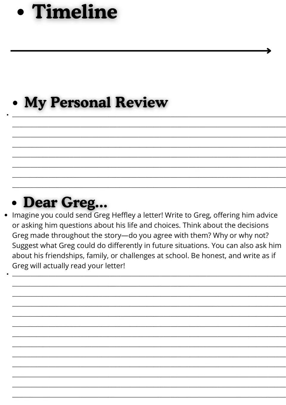 Timeline, personal review and Dear Greg letter: students sequence events, review the book and write advice to Greg