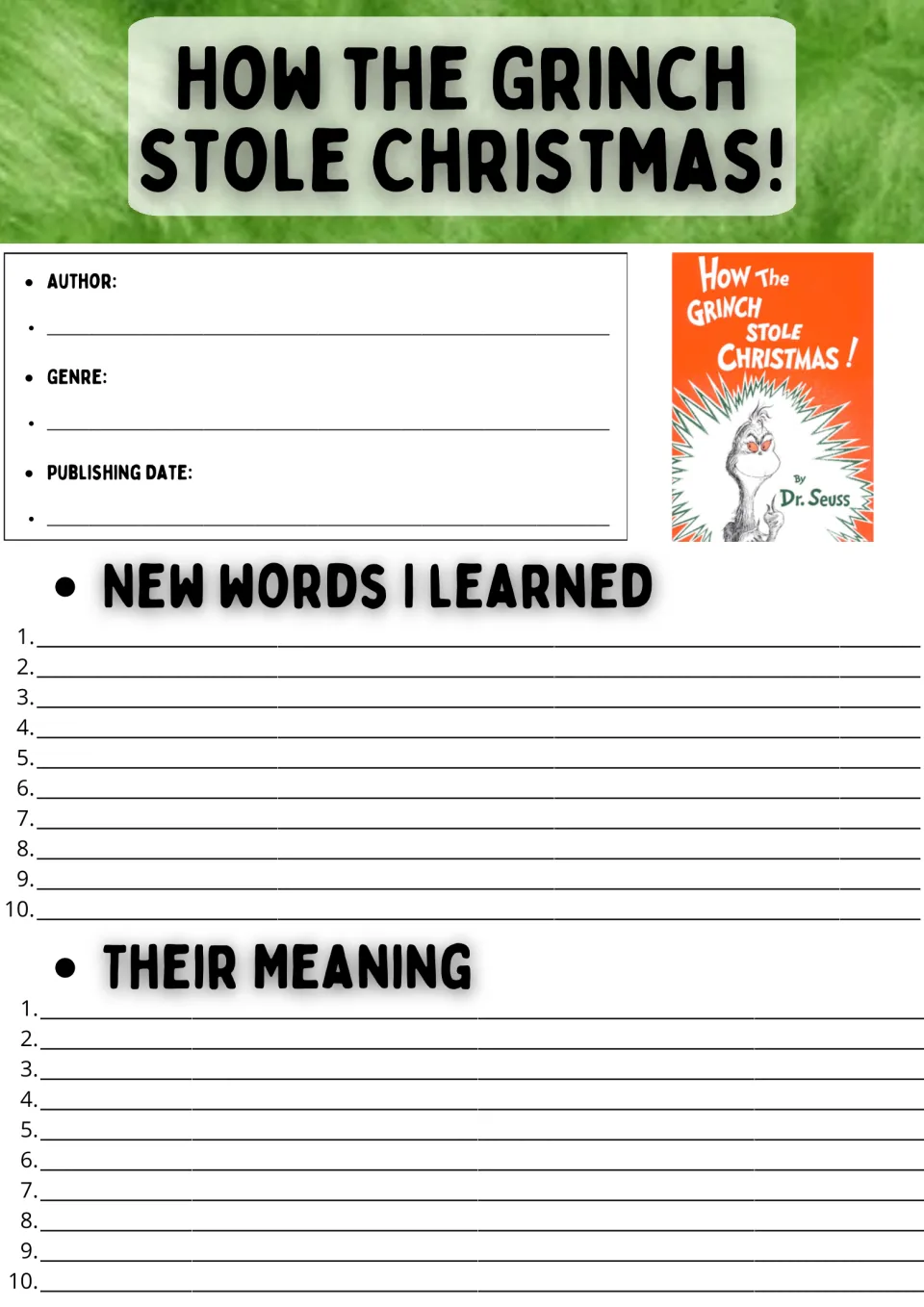 ESL novel study, page 1: author, genre, publishing date, and 10 new vocabulary words and their meanings.