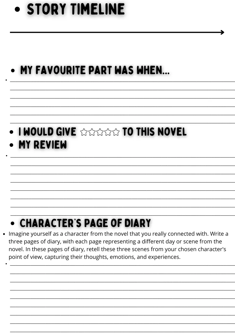 ESL novel study, page 2: story timeline, favorite part, star rating, review, and character diary prompt.