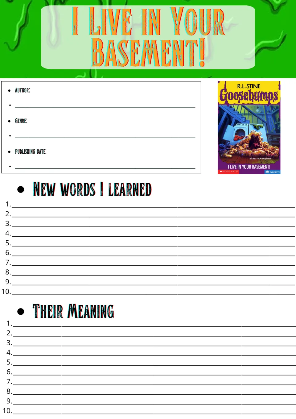 Novel study page 1: author, genre, publishing date, and 10 new words and their meanings from the story